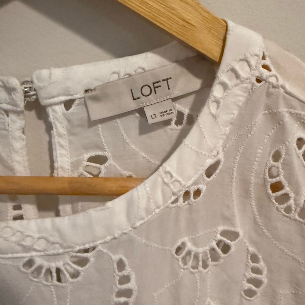 Loft White Eyelet bridal Lace Mini Dress Boho Cottagecore Scallop Hem Large Tall - Picture 5 of 15